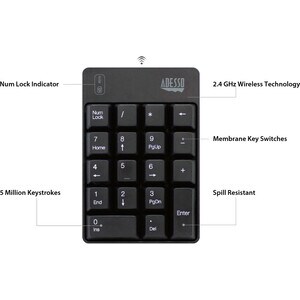 Adesso WKB-6010UB Keypad - Wireless Connectivity - USB Interface - English (US) - Black - Membrane Keyswitch - RF - 9.14 m