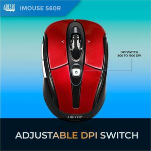 Adesso iMouse S60R Mouse - Radio Frequency - USB - Optical - 6 Button(s) - Red - Wireless - 9.14 m - 2.40 GHz - 1600 dpi -