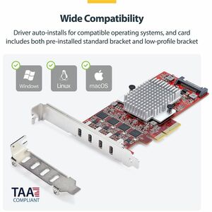 StarTech.com Carte PCIe USB-C 4 Ports, USB 3.2 10 Gbps, Carte d'Extension PCI Express USB-C, 4 Contrôleurs USB Indépendant