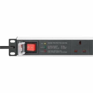 19" 1U PDU 6-way UK, With switch and Surge Protection, Rackmount, Power Distribution Unit, UK 3-pin outlets, 3m power cord