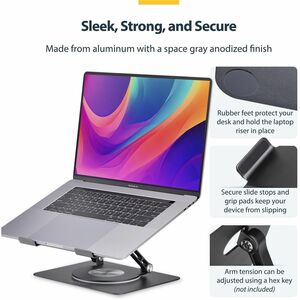 StarTech.com Rotating Laptop Stand, 360 Swivel, Ergonomic Desk Riser for Computer, Adjustable Height/Tilt, Max 11lb, Alumi