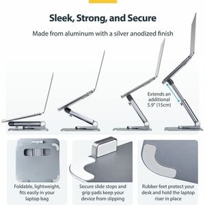 StarTech.com Telescopic Laptop Stand, 360 Swivel Base, Rotating Computer Riser for Desk, Adjustable Height/Tilt, Max 11lb/