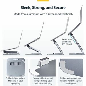 StarTech.com Height Adjustable Notebook Stand - 4.99 kg Load Capacity - 7.9 cm Height x 23.1 cm Width - Desk, Desktop - Si
