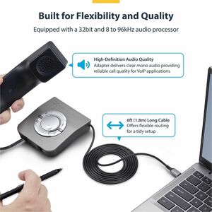 StarTech.com UR9-HEADSET-ADAPTER. Anschluss 1: USB-C, Anschluss 2: RJ-9, Kabellänge: 1,8 m. Produktfarbe: Schwarz