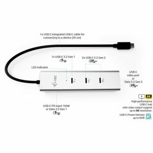 i-tec USB Hub - USB Type C - 1.25 GB/s, 640 MB/s - Notebook, Tablet, Smartphone - Portable - 4 Total USB Port(s) - PC, Mac