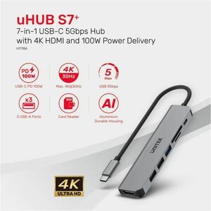 Unitek uHUB USB Type C Docking Station for Card Reader, Desktop PC, Monitor - Charging Capability - Memory Card Reader - S