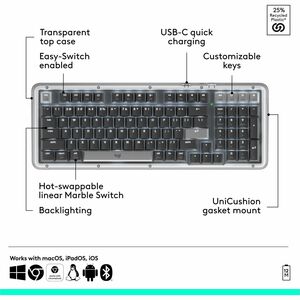 Logitech Alto Keys K98M Wireless Mechanical Keyboard, Customizable Keyboard with Vibration Absorbing Gasket, Backlit Keys,