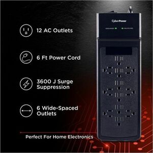 CyberPower CSB1206 Essential 12 - Outlet Surge Protector with 3600 J Surge Suppression - Clamping Voltage 800V, 6 ft Cord,