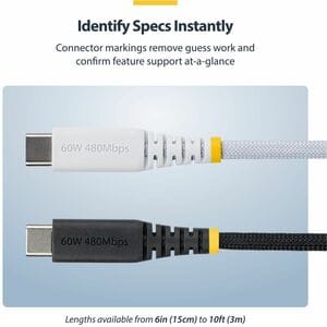 StarTech.com 3ft (91cm) White USB-C Charging Cable, 60W (3A) PD, Dual-Layer Braided Nylon/TPE Jacket, Rugged USB 2.0 Lapto