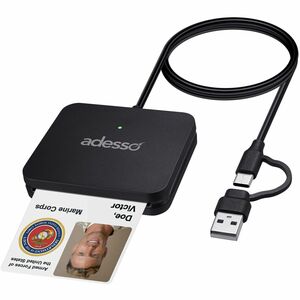 Adesso SCR-400 Smart Card Reader - Contact - Cable - USB Type C, USB Type A - Desktop, Automated Teller Machine (ATM), Dig