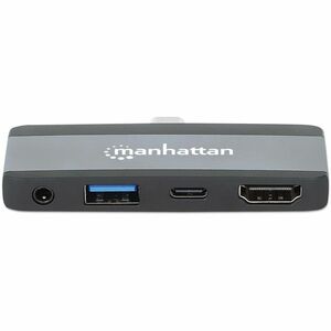 Manhattan USB-C Travel Dock/Hub, Ports (x4): HDMI, USB-A, USB-C and 3.5mm audio, With Power Delivery (100W) to USB-C Port,