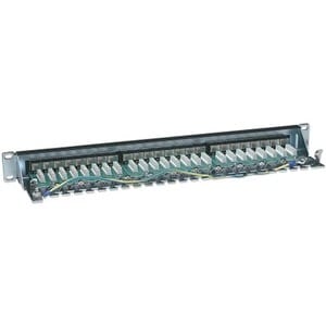 Patch Panel, Cat6, FTP, 24-Port, 1U, Shielded, 90° Top-Entry Punch-Down Blocks, Black - 24 x RJ-45 - 24 x RJ-11 - 1U High 