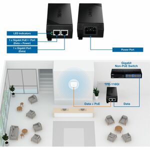 Injecteur PoE++ TRENDnet TPE-116GI - Conforme aux normes TAA - 1 x Gigabit Ethernet Port(s) d'entrée - 60 W