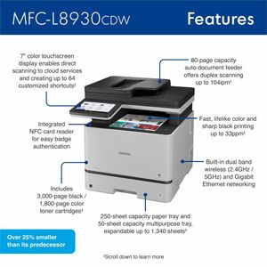 MFC-L8930CDW Business Colour Laser All-in-One Multifunction Printer with Duplex Print, Scan, Copy, Low-Cost Printing, and 