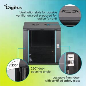 Digitus Dynamic-N 12U Wandmontierbar Geschlossener Schrank Rackschrank für Networking, Server - Schwarz - Stahl, Glas, Ble