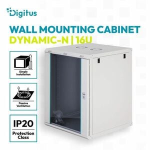 Digitus Dynamic-N 16U Wall Mountable Enclosed Cabinet Rack Cabinet for Networking, Server - Light Grey - Glass, Steel, She