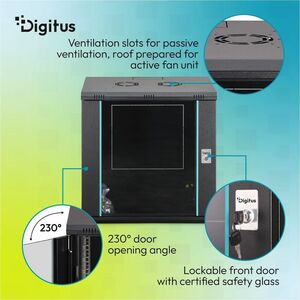 Digitus Dynamic-N 12U Wandmontierbar Geschlossener Schrank Rackschrank für Networking, Server - Schwarz - Stahl, Glas, Ble