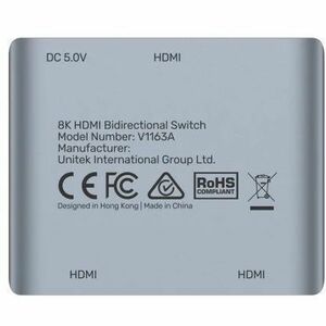 Unitek V1163A Video Switchbox - Cable - 8K - 2 Input Device - 1 Display - 1 x USB - 2 x HDMI In - 1 x HDMI Out