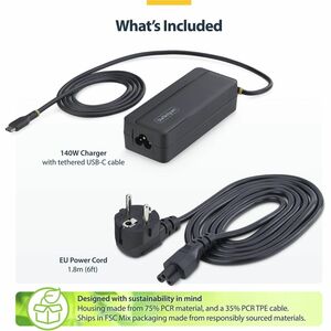 StarTech 140W USB-C Laptop Charger with 4ft (1.2m) Tethered USB-C Cable, GaN Power Adapter Brick for MacBook M3/M4/M5 Pro/