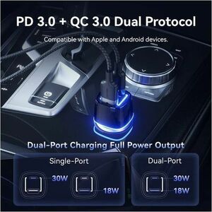 VENTION TWO-PORT USB-C + A (30W + 18W) CAR CHARGER BLACK ABS