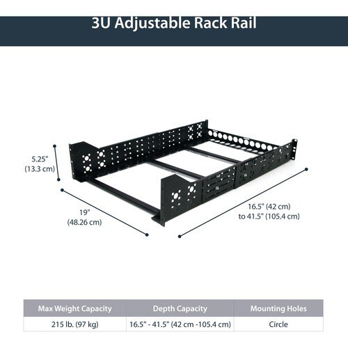 StarTech.com 3U Fixed 19"" Adjustable Depth Universal Server Rack Rails - 215lb Load Capacity - Steel - Black