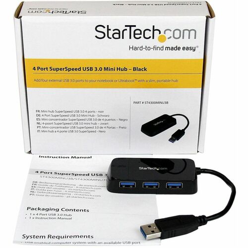 StarTech.com Adaptador Concentrador Hub USB 3.0 (5Gbps) Super Speed para Laptop de 4 Puertos Salidas - Negro - 4 Total USB