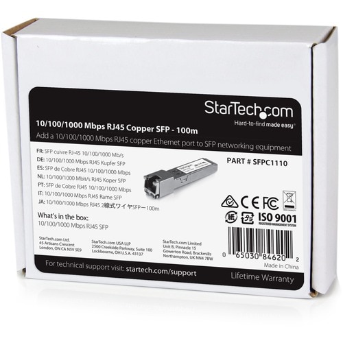 StarTech.com SFP Compatible SFP-GE-T de Cisco - 1000BASE-T - SFP a RJ45 Cat6 / Cat5e - RJ45 - 100m - Cisco IE3400, IE3300,