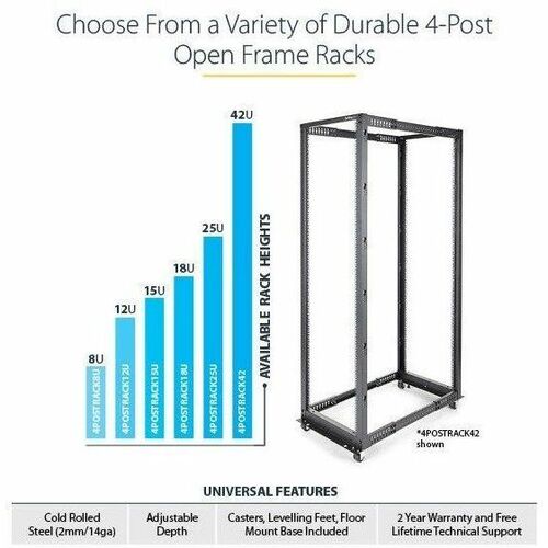 StarTech.com 4-Post 12U Mobile Open Frame Server Rack, 19" Network Rack with Casters, Rolling Rack for Computer/AV/Data/IT