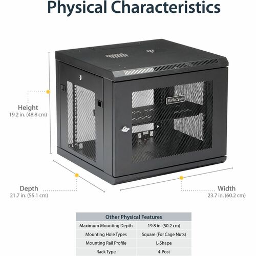 StarTech.com 4-Post 9U Wall Mount Network Cabinet, 19" Wall-Mounted Server Rack for Data / Computer Equipment, Small IT Ra