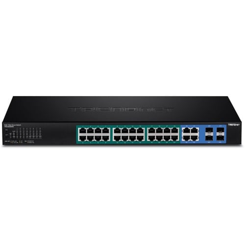TRENDnet 28-Port Web Smart PoE+ Switch; 24 x Gigabit PoE+ Ports; 4 x Shared Gigabit Ports (RJ-45 or SFP); VLAN; QoS; LACP;