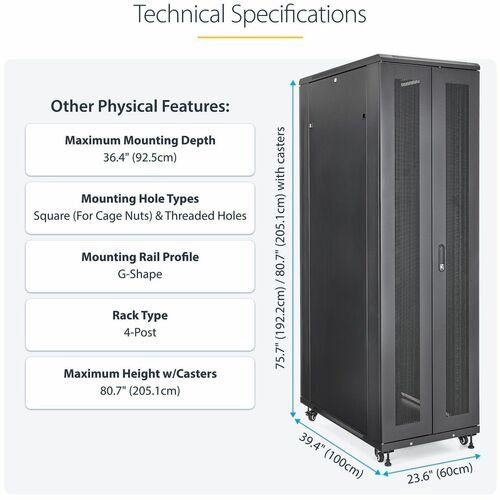 StarTech.com 4-Post 42U Server Rack Cabinet, 19" Data Rack Cabinet for Computer / IT Equipment mount, Rack Server Cabinet 