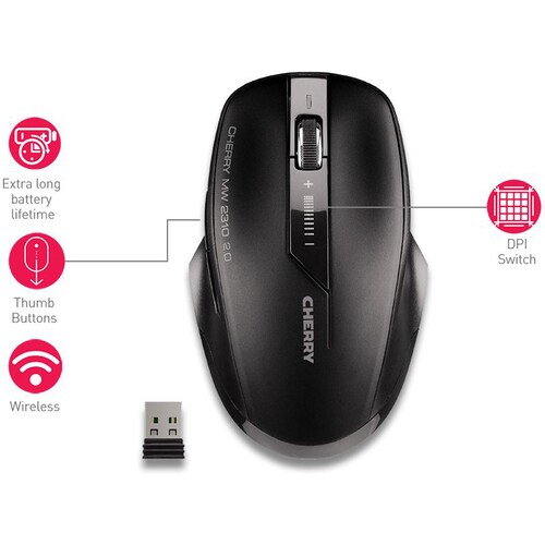 CHERRY MW 2310 2.0 Mouse - Radio Frequency - USB - Optical - 6 Button(s) - Black - 1 - Wireless - 2.40 GHz - 2400 dpi - Sc