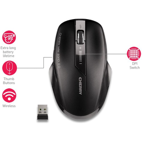 Souris Optique CHERRY MW 2310 2.0 - Fréquence radio - USB - 6 Bouton(s) - Noir - 1 - Sans fil - 2,40 GHz - 2400 dpi - Roul