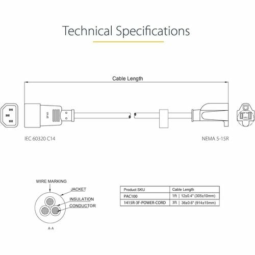 StarTech.com Cable de 1m (3 pies) de Extensión de Alimentación para Computadoras, IEC 320 C14 a NEMA 5-15R, 10A 125V, Alar