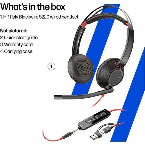 Casque Poly Blackwire 5220 - Filaire - Design Supra-auriculaire, Sur tête - Stéréo - Couleur Noir - Certification Microsof