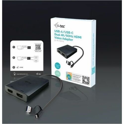 i-tec A/V Adapter - 1 x USB Type A - Male, 1 x USB Type C - Male - 2 x HDMI Digital Audio/Video - Female - 4096 x 2160 Sup
