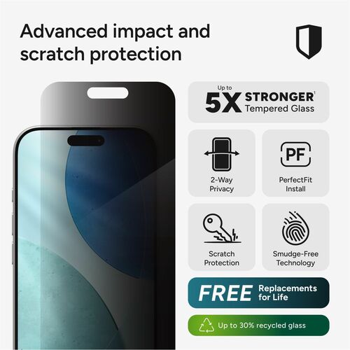 ZAGG Glass Elite Privacy Tempered Glass, Aluminosilicate Glass Privacy Screen Filter for Apple iPhone 17 - For OLED iPhone