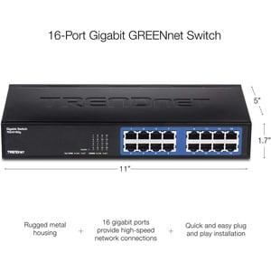 TRENDnet 6-Port Unmanaged Gigabit GREENnet Desktop Metal Switch, Ethernet-Network Switch, 16 x 10-100-1000 RJ-45 Ports, 32