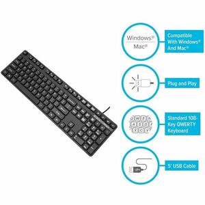 Targus USB Wired Keyboard - Cable Connectivity - USB Interface - 108 Key(s) - QWERTY Layout - PC, Mac - Black