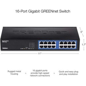TRENDnet TEG-S16DG 16 Ports Ethernet Switch - Gigabit Ethernet - 10/100/1000Base-T - New - TAA Compliant - 2 Layer Supported