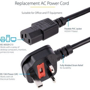 StarTech.com 3 m GB Computer Stromkabel, 18AWG, BS 1363 auf C13, 10A 250V, Schwarz, Kaltgerätekabel / UK Stromkabel, PC Ne