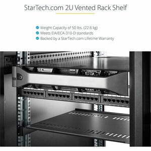 StarTech.com 2U 22in Vented Rack Mount Shelf â€" Fixed Server Rack Cabinet Shelf - 50lbs / 22kg - Steel, SPCC - 22.68 kg S