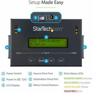StarTech.com Duplicateur et Effaceur de Disque Dur Autonome 1:1, Cloneur et Effaceur de Disque SATA HDD/SSD, Écran LCD, Co