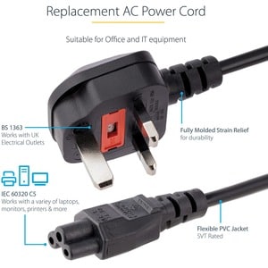 StarTech.com 1m Laptop Power Cord - 3 Slot for UK - BS-1363 to IEC320 C5 Clover Leaf Power Cable Lead - C5 UK Laptop Power