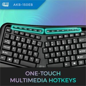 Adesso Color Illuminated Ergonomic Keyboard - Cable Connectivity - USB Interface - RGB LED - 105 Key(s) - 13 Hot Key(s) - 