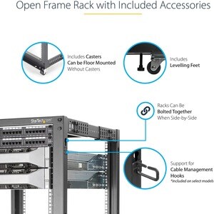 StarTech.com 12U Adjustable Depth Open Frame 4 Post Server Rack w/ Casters / Levelers and Cable Management Hooks - Steel, 