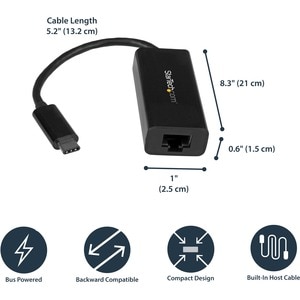 StarTech.com USB C to Gigabit Ethernet Adapter - Thunderbolt 3 - 10/100/1000Mbps - Black - Adds a GbE connection your comp