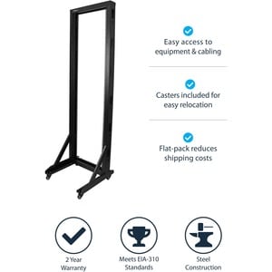 StarTech.com 2-Post 42U Mobile Open Frame Server Rack, Two Post 19in Network Rack with Casters, Rolling Open Rack for AV/D