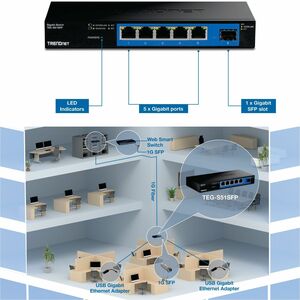 TRENDnet TEG-S51SFP 5 Ports Ethernet Switch - Gigabit Ethernet - 1000Base-T, 1000Base-X - 1 SFP Slots - 2.94 W Power Consu