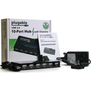 Plugable USB Hub, 10 Port - USB 2.0 with 20W Power Adapter and Two Flip-Up Ports